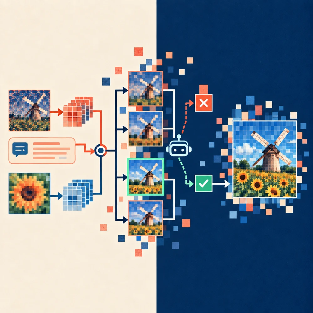 Conceptual illustration based on the paper method: Tuning Real-World Image Restoration at Inference: A Test-Time Scaling Paradigm for Flow Matching Models